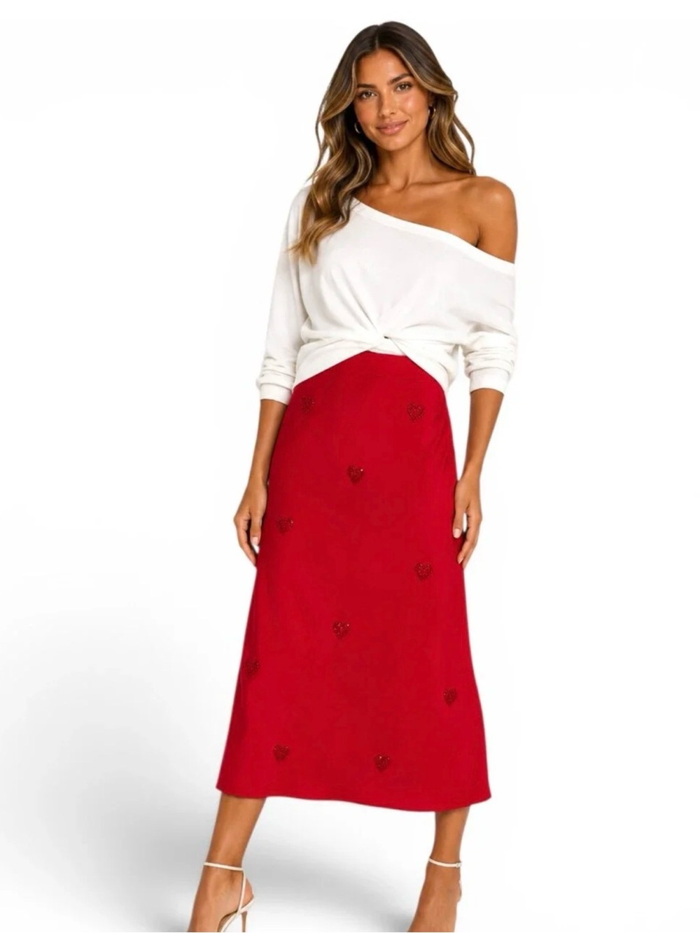 A New Day Beaded Heart Valentine’s Day Rayon Midi Skirt